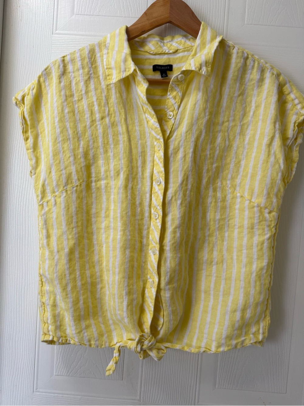 Talbots Yellow and White Striped Tie-Hem Linen Button-Down